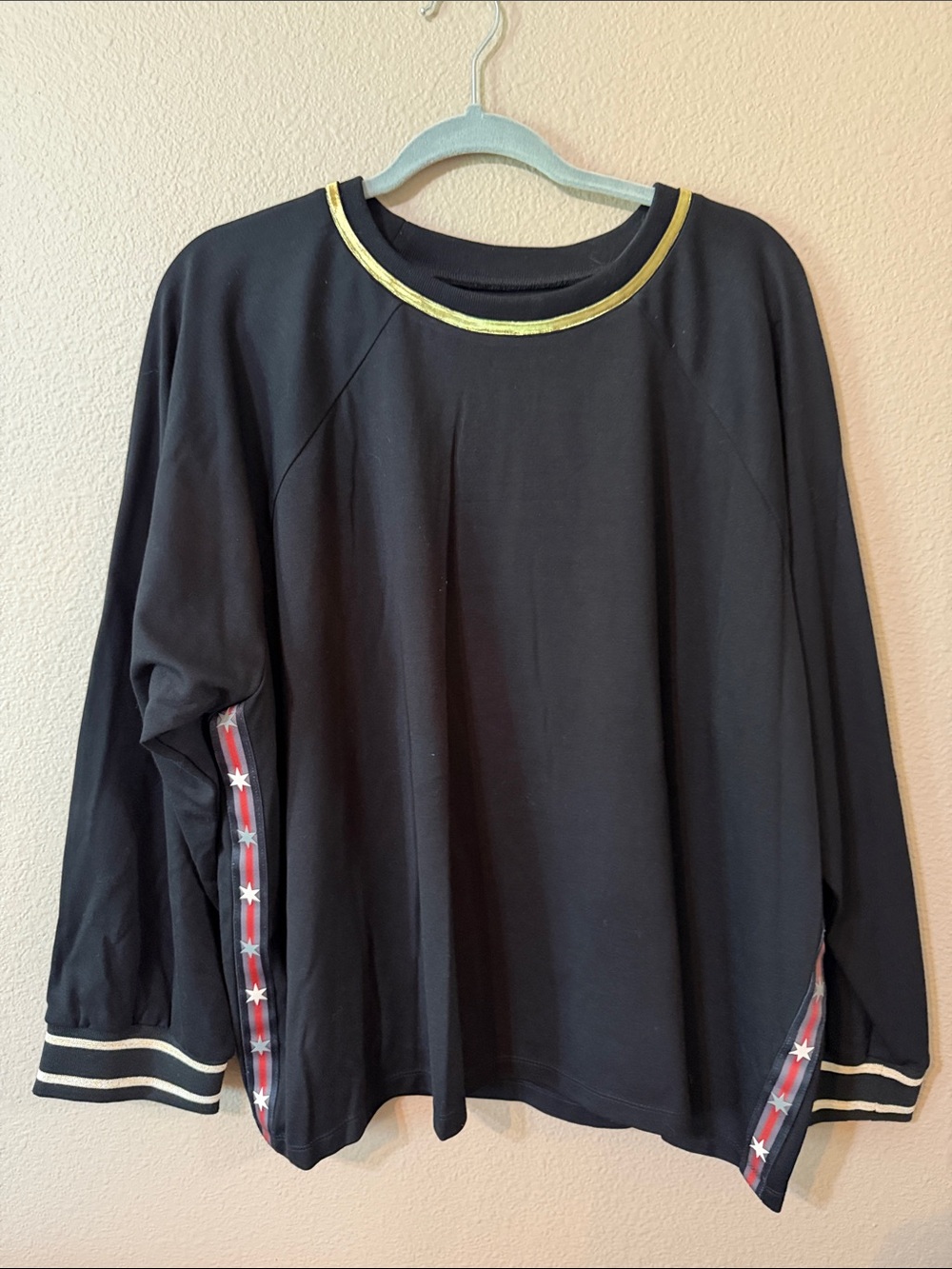 Johnny Was Black Pullover Top with Gold Trim and Star-Pattern Side Panels